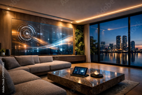 Modern smart home living room with advanced technology integrated into futuristic minimalist interior design and intelligent automation