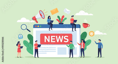 Flat illustration of people working and reading news on a large smartphone with floating icons and a green background.