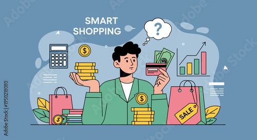 Flat Illustration Tax Refund Smart Shopping Person Holding Coins and Credit Card