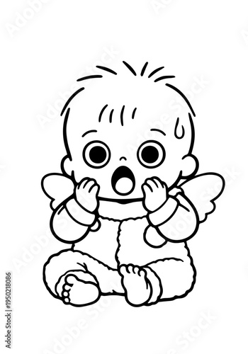 Surprised Baby Sitting, Cute Monochrome Illustration with Shock Expression