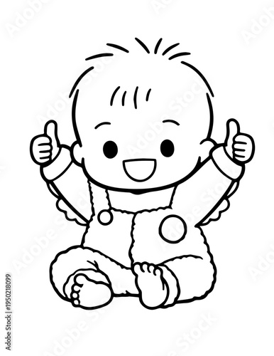 Happy Baby Showing Thumbs Up, Cute Monochrome Illustration with Sparkles