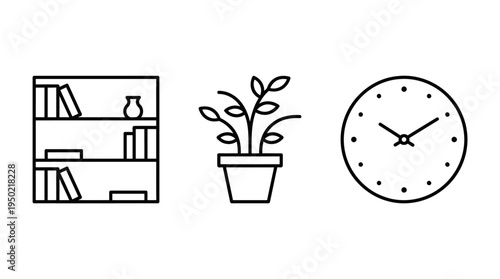 Minimalist Home Decor Icons Bookshelf, Plant, Clock