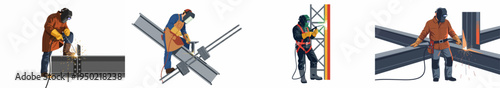 Set of diverse welders performing industrial metalwork on steel beams and structures using welding torches and safety equipment, isolated on a white background.