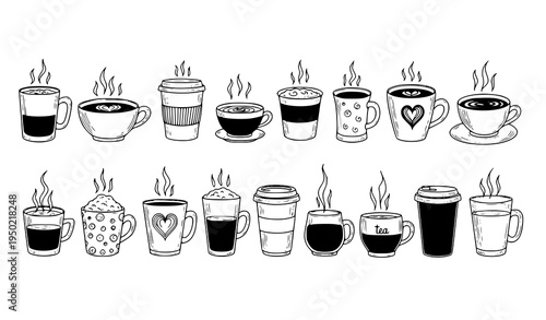 Hand drawn hot drinks doodle set with coffee tea cappuccino latte espresso and hot chocolate cups sketch style vector illustration isolated on white background