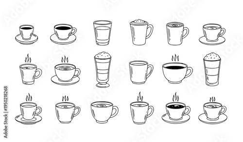 Hand drawn coffee and tea cup doodle set with cappuccino espresso latte americano and hot chocolate beverages vector illustration isolated on white background