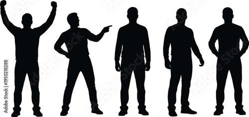 Man silhouette collection with different poses standing cheering pointing and casual gestures cad drawing flat vector illustration for stock design