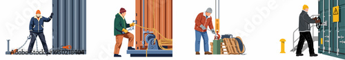Illustration set of industrial workers performing tasks with shipping containers, chains, and port equipment, depicting manual labor and logistics operations.
