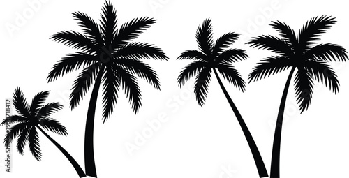 Palm tree silhouettes vector set featuring tropical coconut trees for summer beach vacations, island travel themes, and exotic nature graphic design.