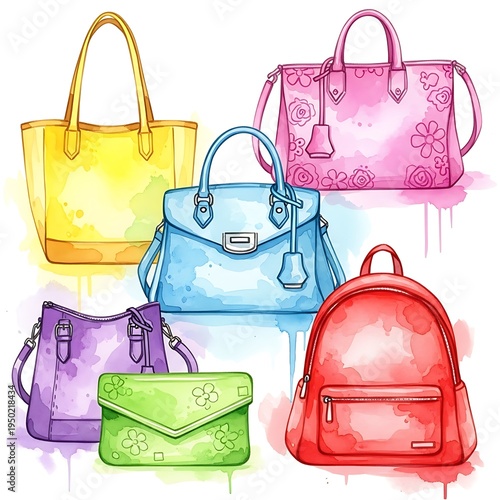 Assortment of colorful, hand-drawn style women's bags rendered in vibrant watercolor splashes