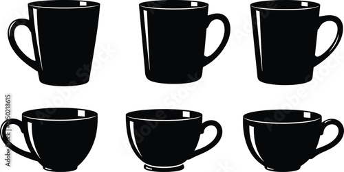 Set of Black Coffee Mug and Tea Cup Silhouettes Isolated on White Background for Cafe Menu Design, Icons, and Vector Illustrations