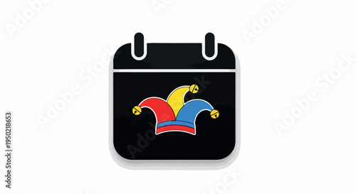 A black calendar icon with a colorful jester's hat on a white background, featuring a minimalist flat design.