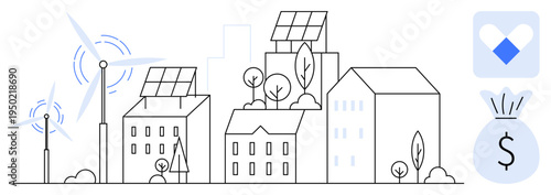 Renewable energy, sustainable cities, eco-friendly technologies, clean energy, environmental savings, green urban living. Modern city with wind turbines and solar panels. Renewable energy