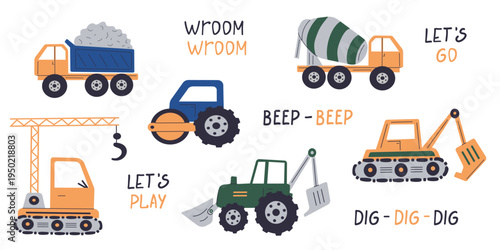 Collection of stylized construction machinery including excavator, crane, and truck with inspiring quotes. Designs for nursery posters, kids apparel, and educational decor.