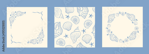 Collection of seashell frames and seamless pattern in elegant line art style. Minimalist nautical borders for wedding invitations, summer stationery, and luxury packaging design.