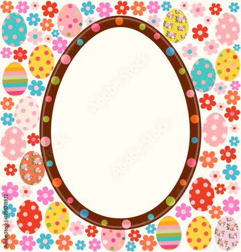 Cute chocolate Easter egg vector frame, colorful flowers and painted eggs spring background for package design