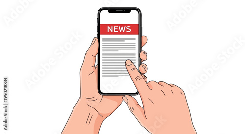 Illustration of hands holding smartphone with news on screen