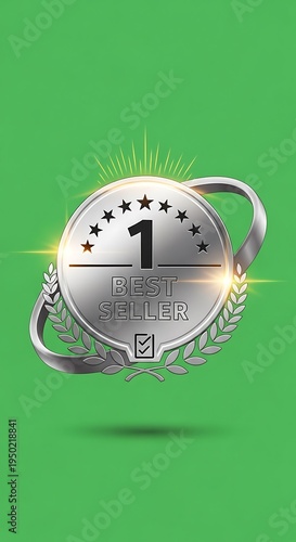 Metallic first place seller award badge displayed against a vibrant green background