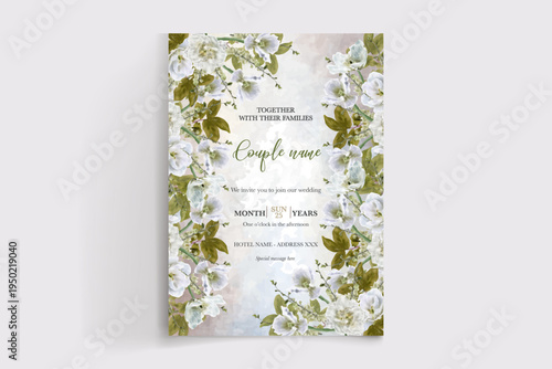 WEDDING INVITATION FRAME WITH FLOWER DECORATIONS AND FRESH LEAVES
