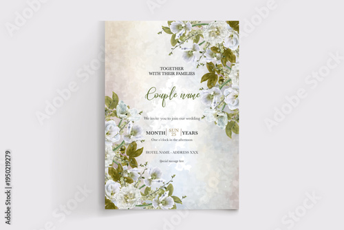 WEDDING INVITATION FRAME WITH FLOWER DECORATIONS AND FRESH LEAVES