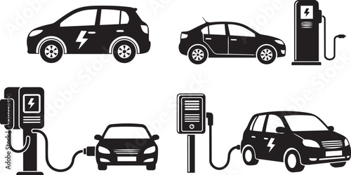 Black silhouette icons of electric cars and charging stations showing eco transport technology.
