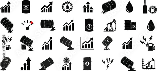 Oil Industry and Energy Crisis Icon Set, Oil Price Increase, Petroleum Barrel, Fuel Pump, Oil Spill, Energy Market Growth Black Silhouette Icons Collection