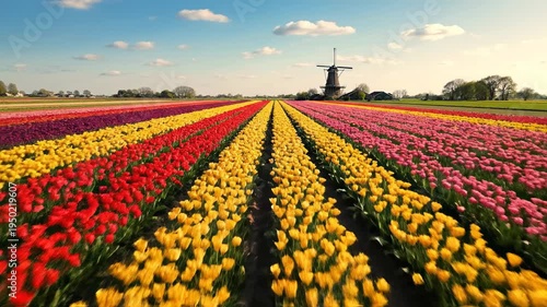 vibrant tulip flower fields with traditional windmill