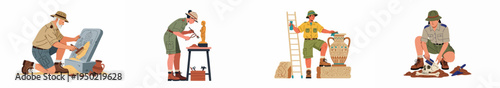 Illustrations of archeologists at work excavating, cleaning, and examining historical artifacts like statues, pottery, stone slabs, and a human skull for scientific research.