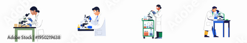 Set of diverse scientists performing experiments and research with microscopes and clinical lab equipment in modern scientific laboratory illustrations.
