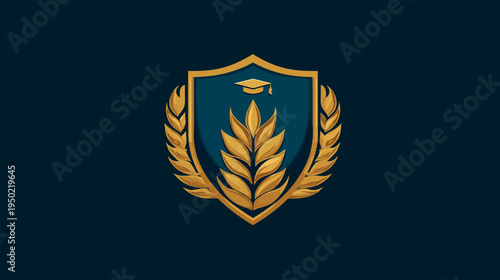 A crest featuring a blue shield with wheat and a graduation cap. Gold accents on dark blue background