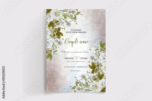 WEDDING INVITATION FRAME WITH FLOWER DECORATIONS AND FRESH LEAVES