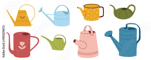 Collection of various colorful watering cans for garden care and plant growth. For spring stationery, and eco-friendly lifestyle design.