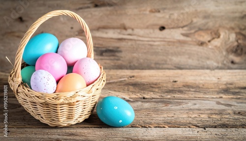 Wallpaper Mural Easter painted eggs in the basket on wooden rustic table for your decoration in holiday. copy space Torontodigital.ca
