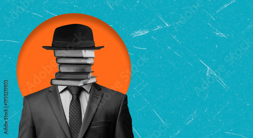 Art collage showing a man with a head made of books against a blue and orange background