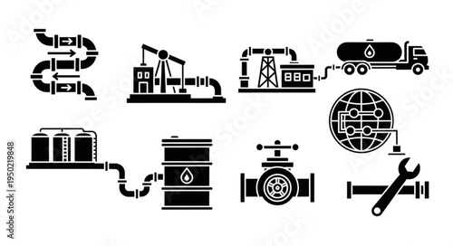 Oil and Gas Industry Icons - Pipeline, Pump Jack, Tanker Truck, and Global Network.