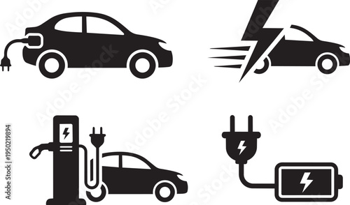 Black silhouette icons of electric cars, plug, battery, and charging station showing eco transport.