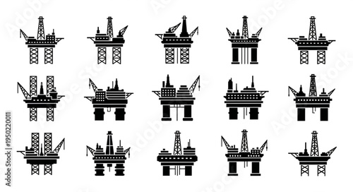 Collection of Oil Rig Silhouette Illustrations for Energy Industry.