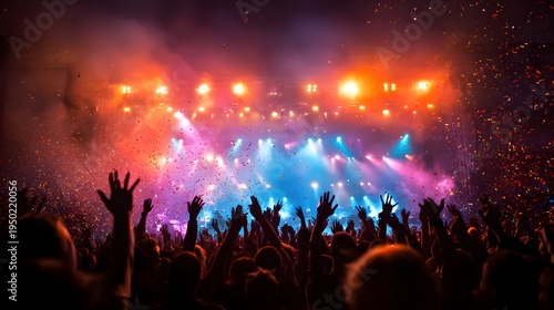 A vibrant crowd of people enjoying a lively concert with bright stage lights and confetti