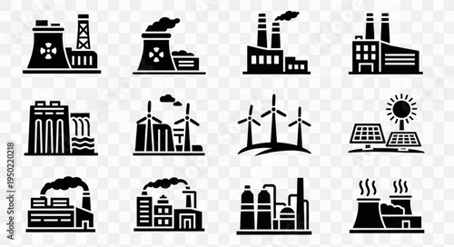 Diverse Energy Production Icons - Nuclear, Hydro, Wind, Solar, and Industrial Plants.