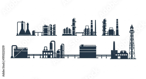 Silhouette of an Industrial Plant with Tanks and Towers.
