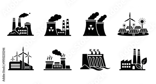 Diverse Energy Production - A Silhouette Collection of Power Plants.