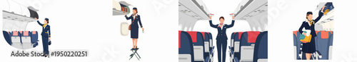 Collection of vector illustrations featuring flight attendants performing various duties like safety demonstrations and luggage handling inside an airplane cabin.