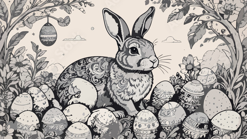 Easter bunny rabbit sitting among decorated eggs