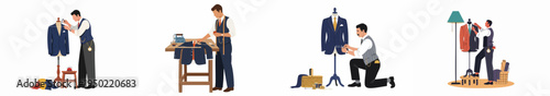 Set of four illustrations showing a professional male tailor at work, measuring, pinning, and designing bespoke men's suits on mannequins and tables.