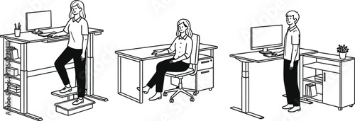 Illustration of ergonomic workstation setups for a healthy work environment