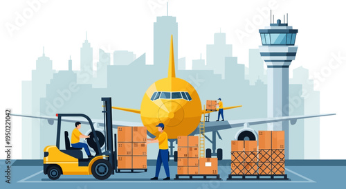 Illustration of airport workers loading cargo onto a plane with a cityscape background