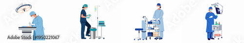 Flat vector illustrations of surgical medical staff performing various tasks in an operating room with equipment and professional supplies.