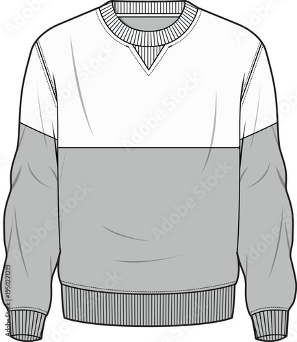 mens sweatshirt paneled long sleeve t shirt with rib neck and hem fashion flat sketch vector illustration cad drawing template