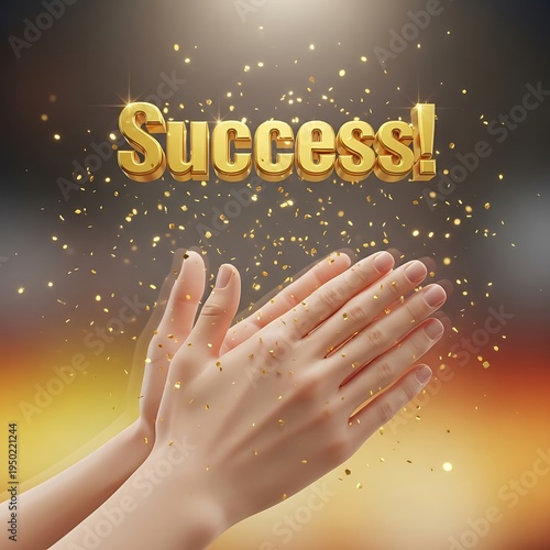 Golden celebratory word hovers above hands clapping amidst falling metallic confetti