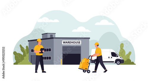 Two workers in yellow vests moving a dolly with boxes in front of a warehouse