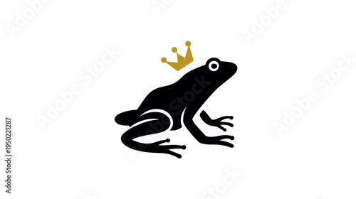 A black amphibian wearing a golden crown, set against a pristine white background